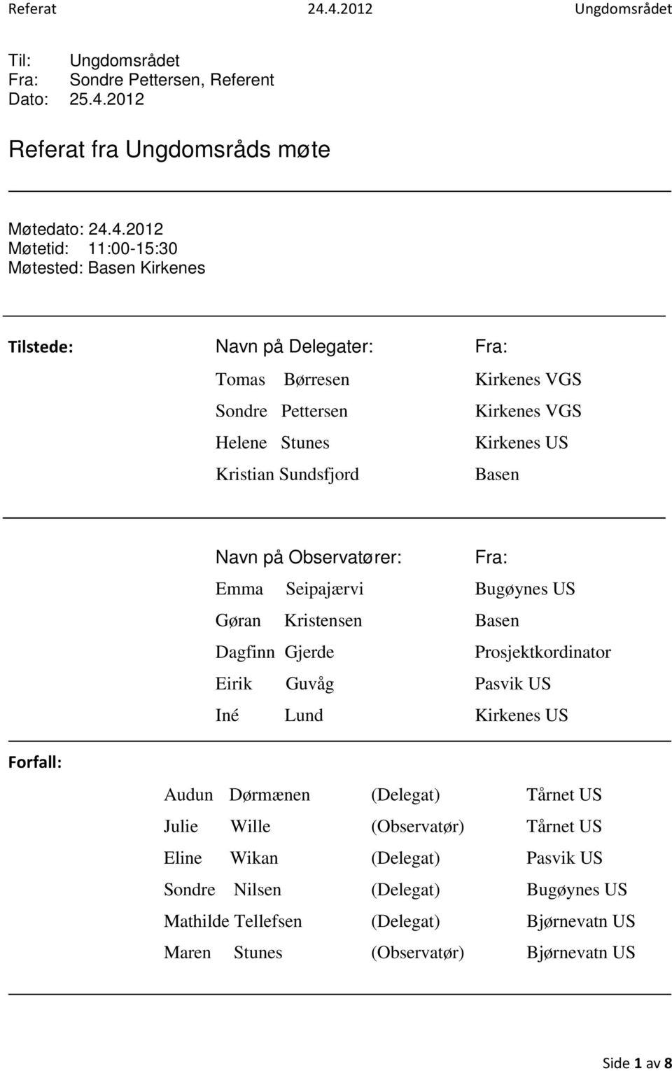 4.2012 Møtetid: 11:00-15:30 Møtested: Basen Kirkenes Tilstede: Navn på Delegater: Fra: Tomas Børresen Kirkenes VGS Sondre Pettersen Kirkenes VGS Helene Stunes Kirkenes US