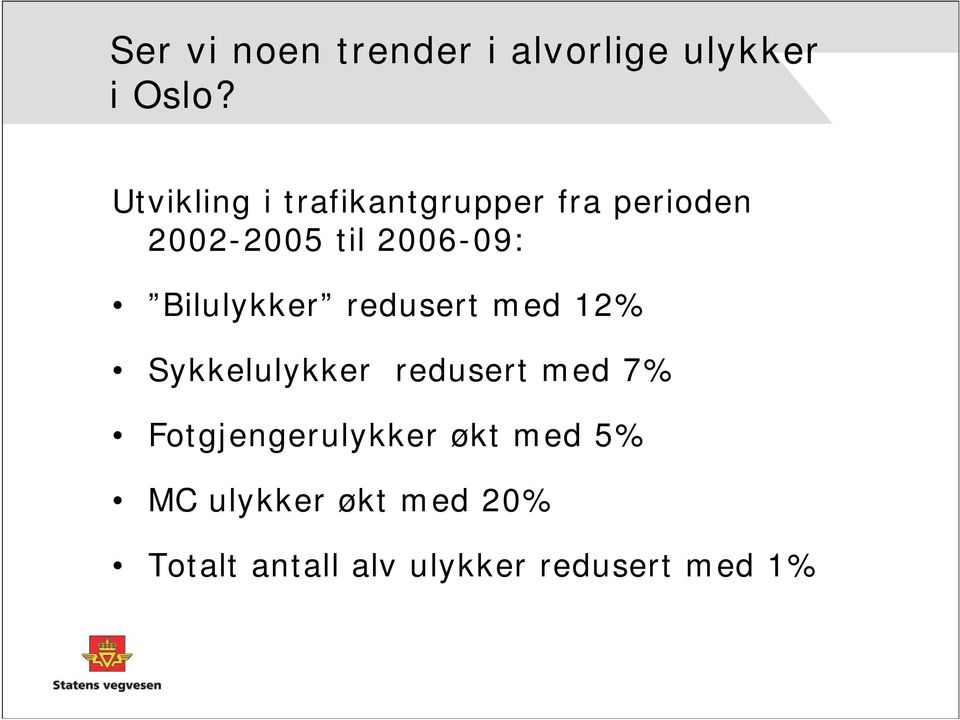 Bilulykker redusert med 12% Sykkelulykker redusert med 7%