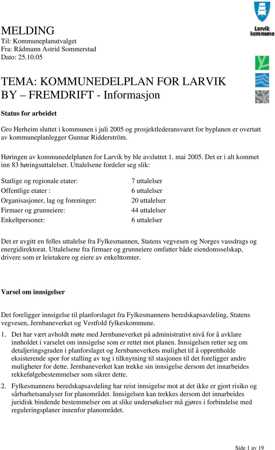 Gunnar Ridderström. Høringen av kommunedelplanen for Larvik by ble avsluttet 1. mai 2005. Det er i alt kommet inn 83 høringsuttalelser.