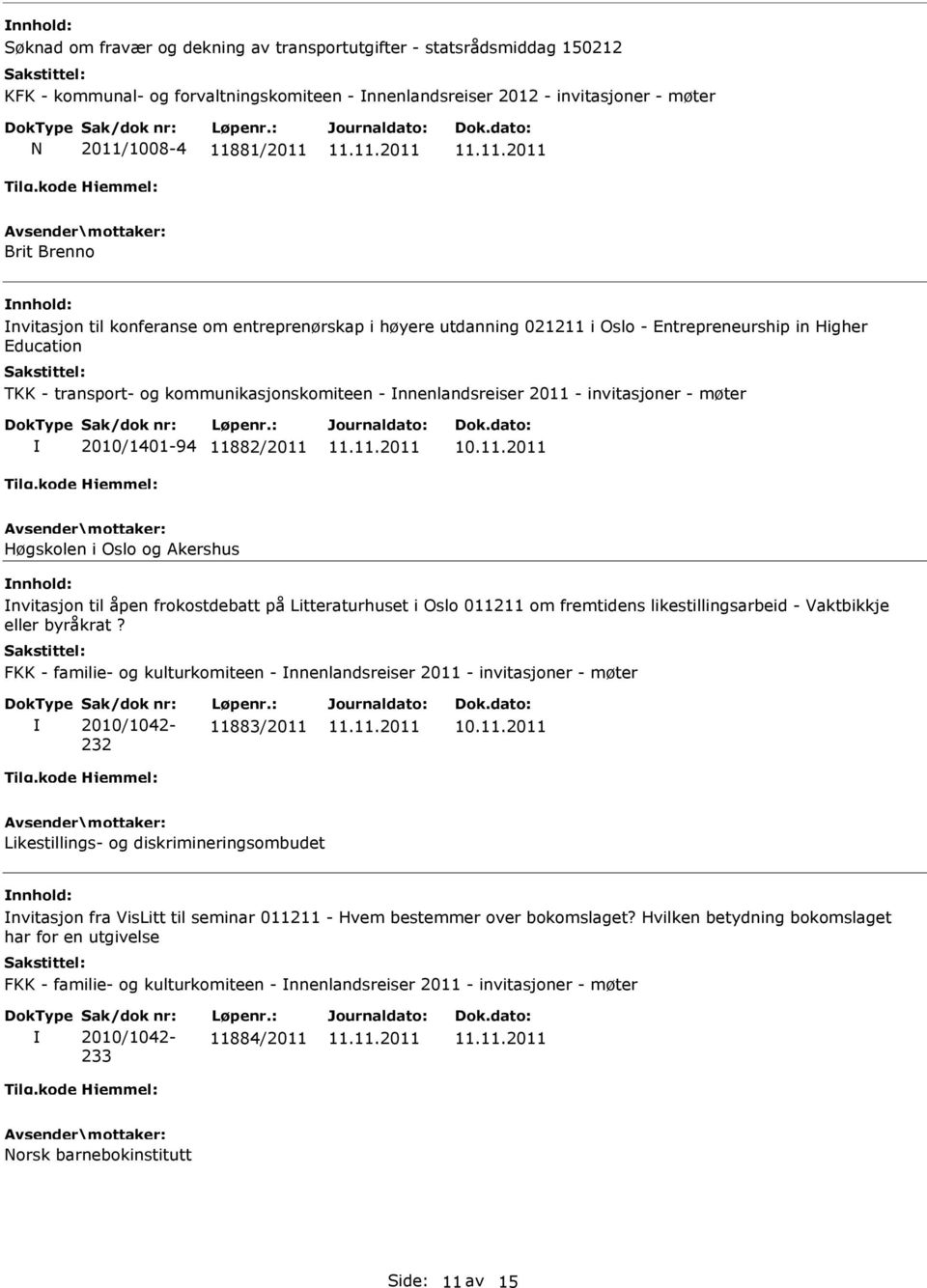 møter 2010/1401-94 11882/2011 Høgskolen i Oslo og Akershus nvitasjon til åpen frokostdebatt på Litteraturhuset i Oslo 011211 om fremtidens likestillingsarbeid - Vaktbikkje eller byråkrat?