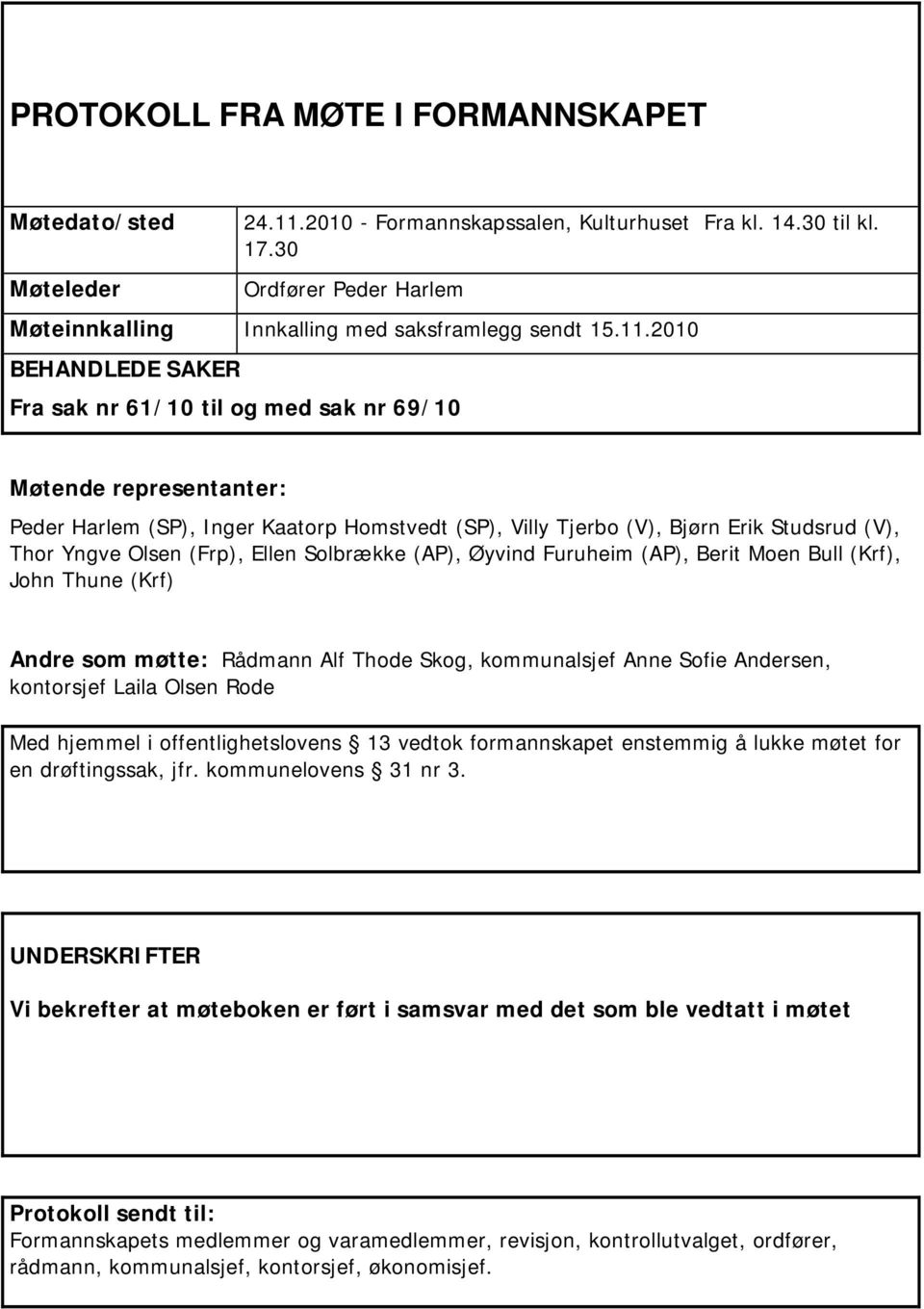 2010 BEHANDLEDE SAKER Fra sak nr 61/10 til og med sak nr 69/10 Møtende representanter: Peder Harlem (SP), Inger Kaatorp Homstvedt (SP), Villy Tjerbo (V), Bjørn Erik Studsrud (V), Thor Yngve Olsen