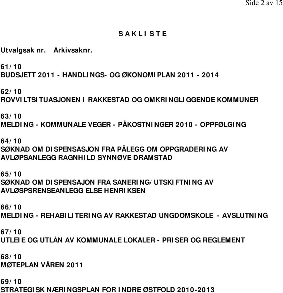 PÅKOSTNINGER 2010 - OPPFØLGING 64/10 SØKNAD OM DISPENSASJON FRA PÅLEGG OM OPPGRADERING AV AVLØPSANLEGG RAGNHILD SYNNØVE DRAMSTAD 65/10 SØKNAD OM DISPENSAJON FRA