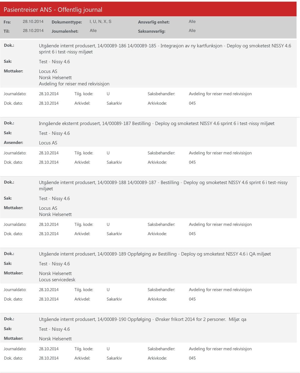 6 sprint 6 i test-nissy miljøet tgående internt produsert, 14/00089-188 14/00089-187 - Bestilling - Deploy og smoketest NISSY 4.