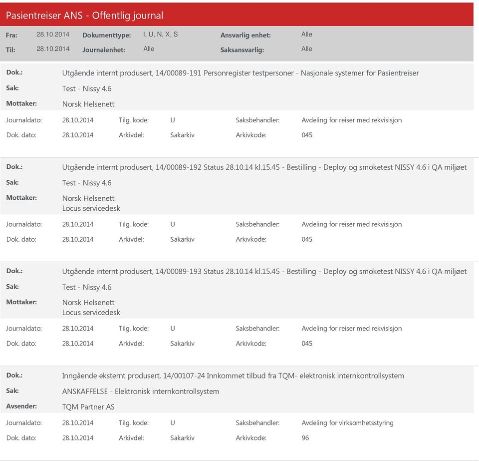 6 i QA miljøet tgående internt produsert, 14/00089-193 Status 28.10.14 kl.15.45 - Bestilling - Deploy og smoketest NISSY 4.