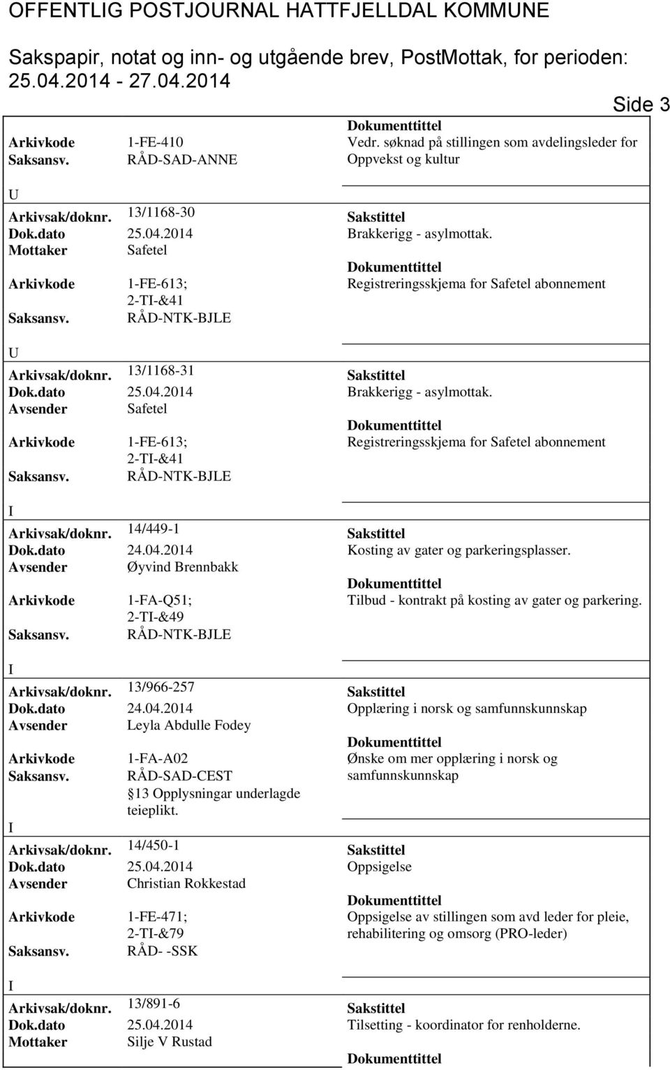 14/449-1 Sakstittel Dok.dato 24.04.2014 Kosting av gater og parkeringsplasser. Avsender Øyvind Brennbakk Arkivkode 1-FA-Q51; Tilbud - kontrakt på kosting av gater og parkering. 2-T-&49 Arkivsak/doknr.