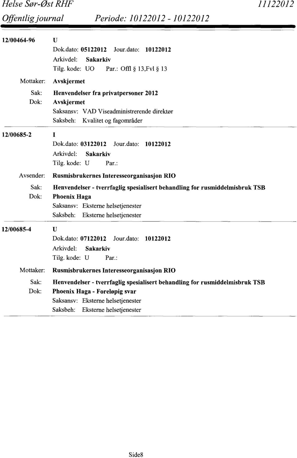 dato: 10122012 Rusmisbrukernes Interesseorganisasjon RIO Henvendelser - tverrfaglig spesialisert behandling for rusmiddelmisbruk TSB Phoenix Haga Saksansv: Eksterne helsetjenester Saksbeh: