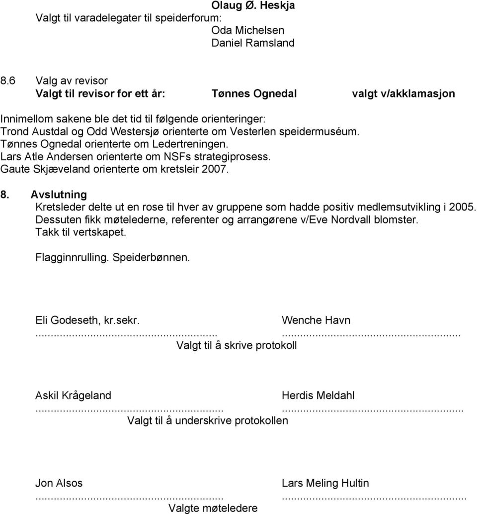 speidermuséum. Tønnes Ognedal orienterte om Ledertreningen. Lars Atle Andersen orienterte om NSFs strategiprosess. Gaute Skjæveland orienterte om kretsleir 2007. 8.