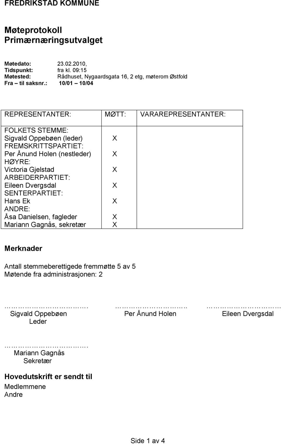 : 10/01 10/04 REPRESENTANTER: MØTT: VARAREPRESENTANTER: FOLKETS STEMME: Sigvald Oppebøen (leder) FREMSKRITTSPARTIET: Per Ånund Holen (nestleder) HØYRE: Victoria Gjelstad