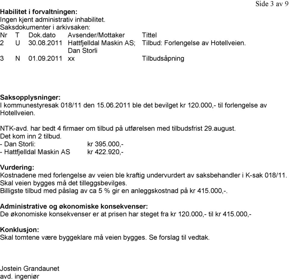 2011 ble det bevilget kr 120.000,- til forlengelse av Hotellveien. NTK-avd. har bedt 4 firmaer om tilbud på utførelsen med tilbudsfrist 29.august. Det kom inn 2 tilbud. - Dan Storli: kr 395.