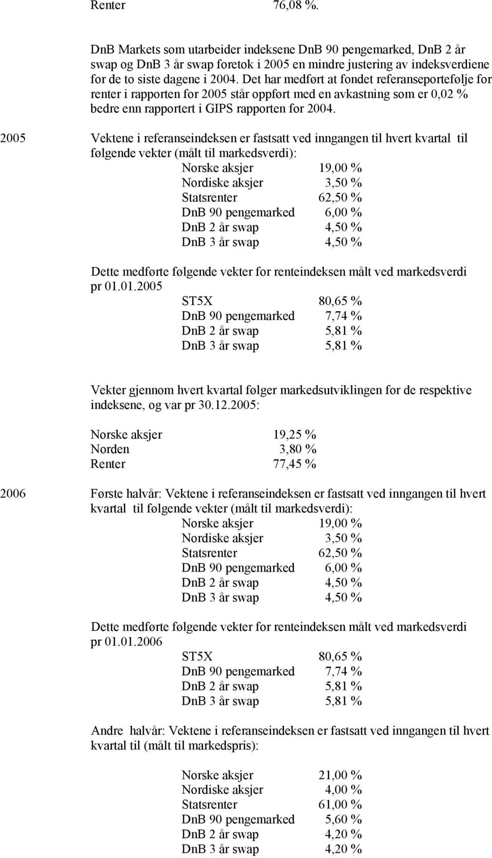 2005 Vektene i referanseindeksen er fastsatt ved inngangen til hvert kvartal til følgende vekter (målt til markedsverdi): Norske aksjer 19,00 % Nordiske aksjer 3,50 % Statsrenter 62,50 % DnB 90