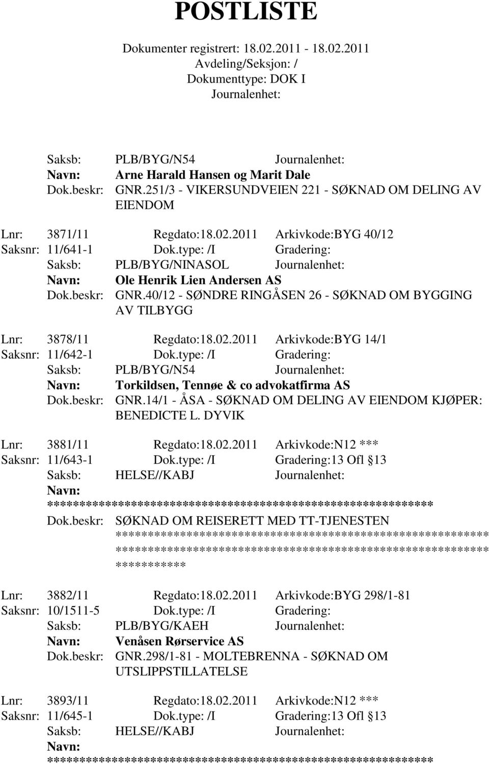 2011 Arkivkode:BYG 14/1 Saksnr: 11/642-1 Dok.type: /I Gradering: Saksb: PLB/BYG/N54 Torkildsen, Tennøe & co advokatfirma AS Dok.beskr: GNR.14/1 - ÅSA - SØKNAD OM DELING AV EIENDOM KJØPER: BENEDICTE L.