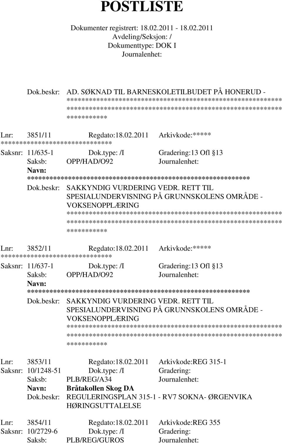 type: /I Gradering:13 Ofl 13 ** Dok.beskr: SAKKYNDIG VURDERING VEDR. RETT TIL SPESIALUNDERVISNING PÅ GRUNNSKOLENS OMRÅDE - VOKSENOPPLÆRING Lnr: 3853/11 Regdato:18.02.