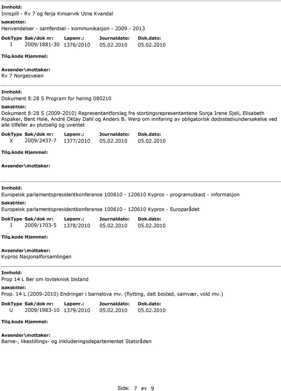 Werp om innføring av obligatorisk dødsstedsundersøkelse ved alle tilfeller av plutselig og uventet X 2009/2437-7 1377/2010 Europeisk parlamentspresidentkonferanse 100610-120610 Kypros - programutkast