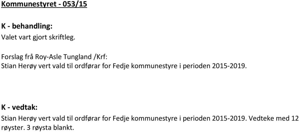 Fedje kommunestyre i perioden 2015-2019.