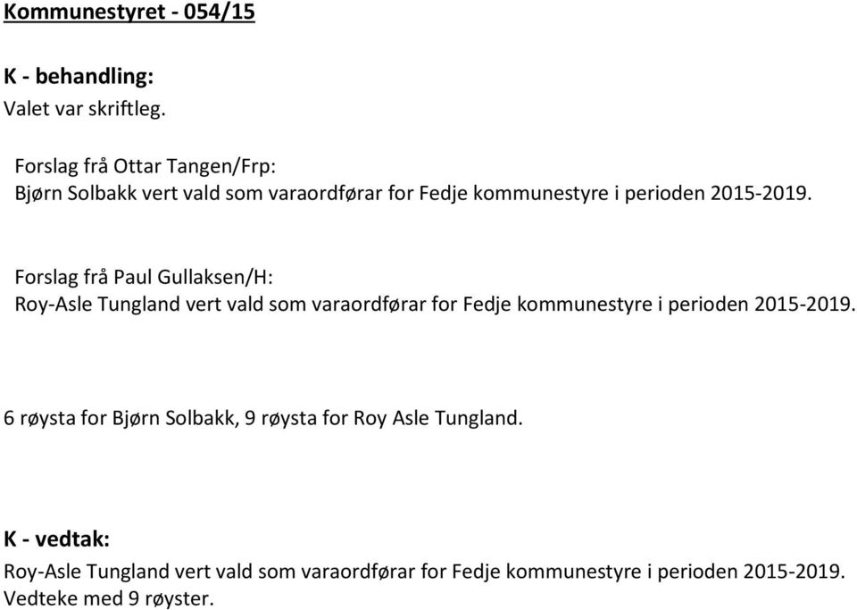 Forslag frå Paul Gullaksen/H: Roy-Asle Tungland vert vald som varaordførar for Fedje kommunestyre i perioden 2015-2019.