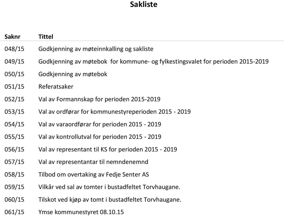 2015-2019 055/15 Val av kontrollutval for perioden 2015-2019 056/15 Val av representant til KS for perioden 2015-2019 057/15 Val av representantar til nemndenemnd 058/15 Tilbod om