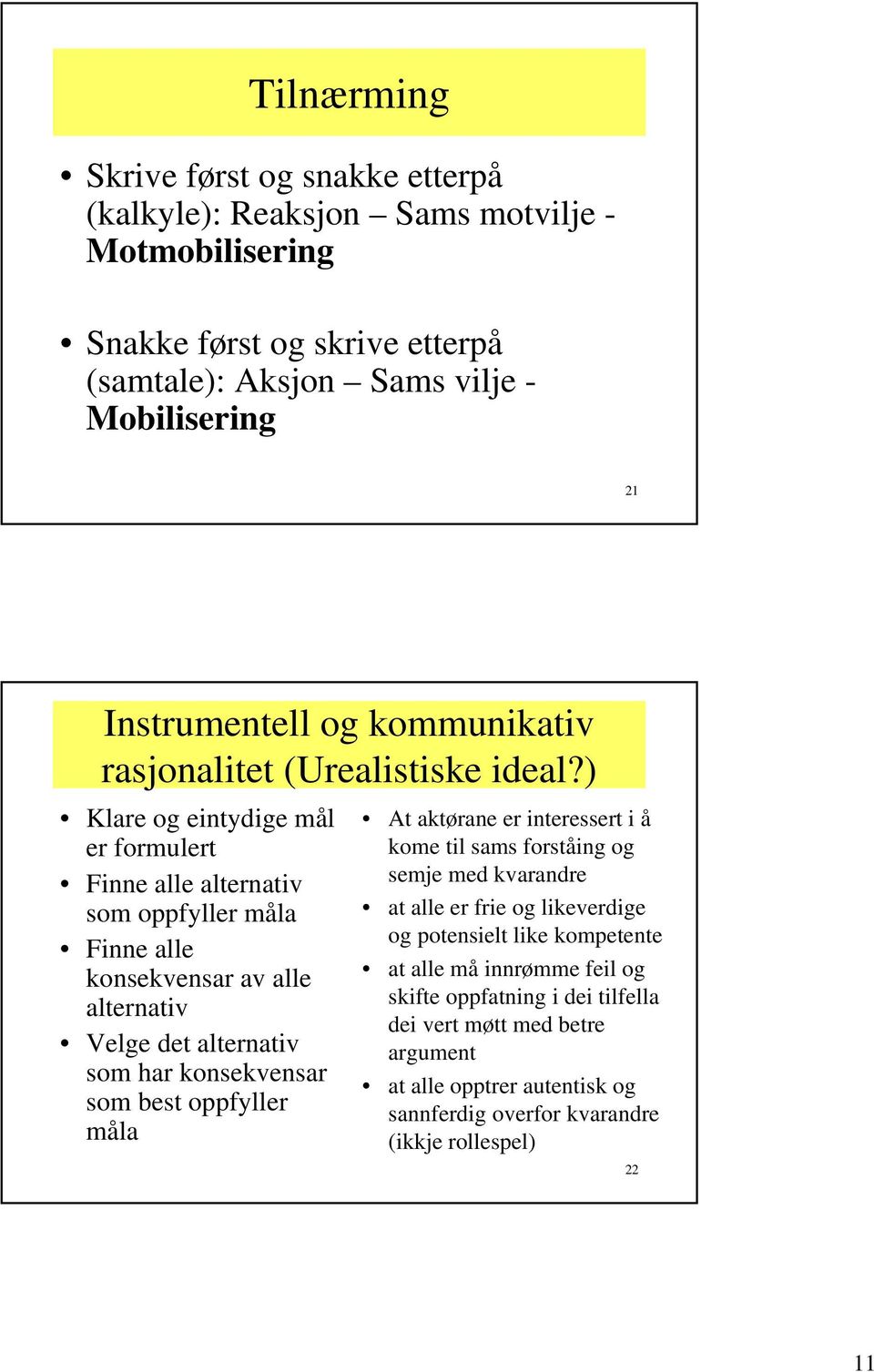 ) Klare og eintydige mål er formulert Finne alle alternativ som oppfyller måla Finne alle konsekvensar av alle alternativ Velge det alternativ som har konsekvensar som best oppfyller