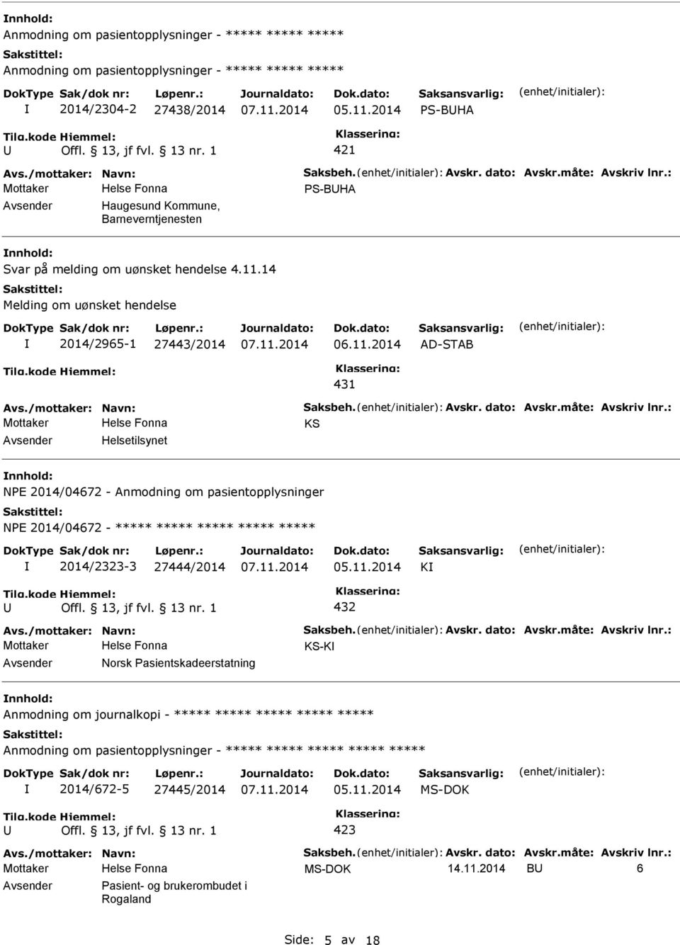 /mottaker: Navn: Saksbeh. Avskr. dato: Avskr.måte: Avskriv lnr.: Mottaker KS Helsetilsynet NE 2014/04672 - Anmodning om pasientopplysninger NE 2014/04672-2014/2323-3 27444/2014 05.11.2014 K 432 Avs.