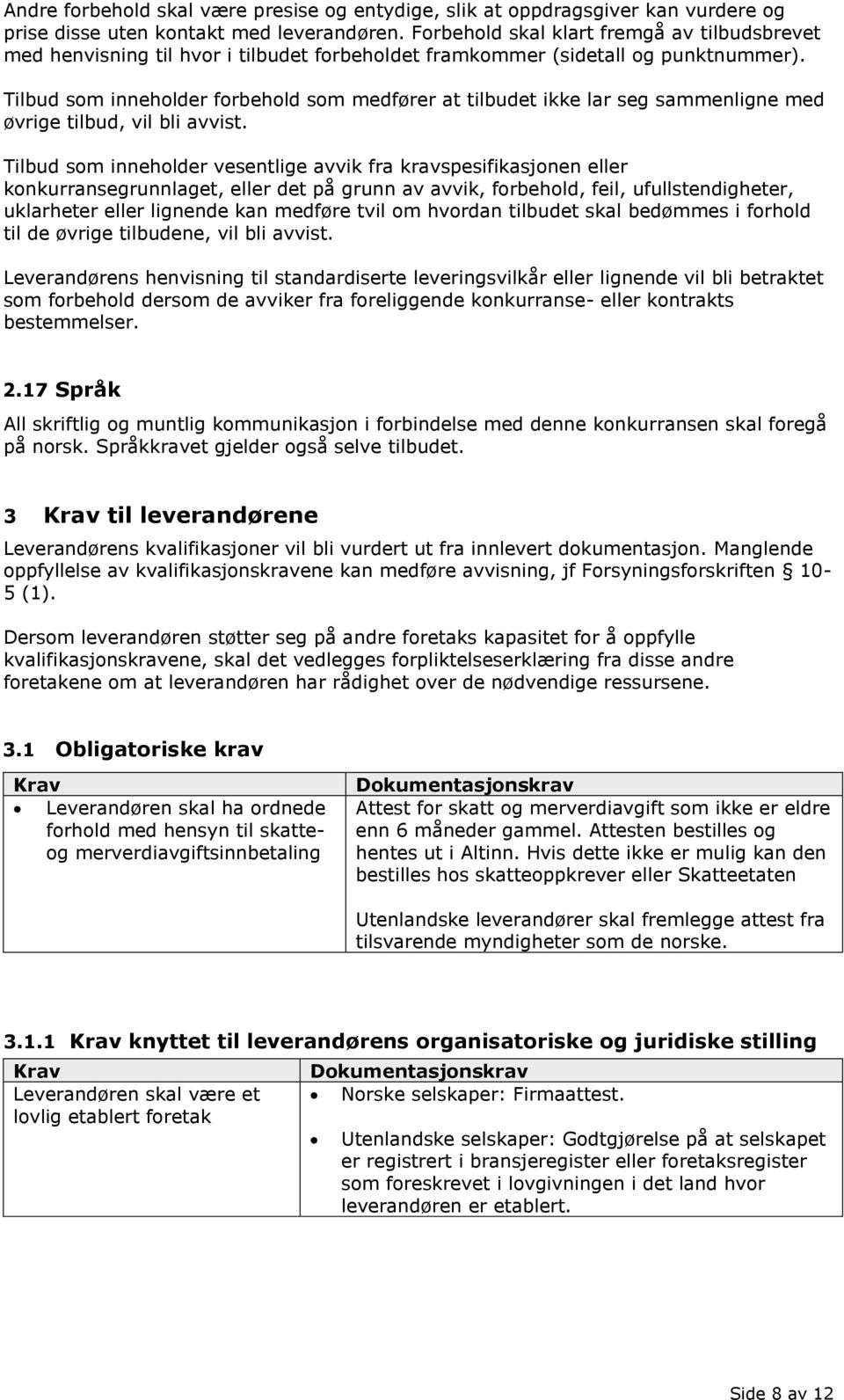 Tilbud som inneholder forbehold som medfører at tilbudet ikke lar seg sammenligne med øvrige tilbud, vil bli avvist.