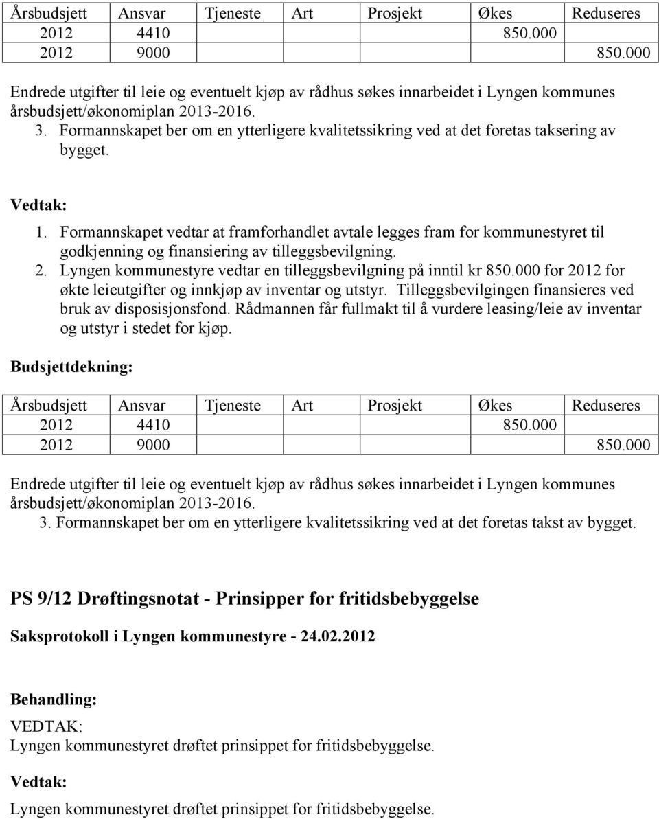 Formannskapet ber om en ytterligere kvalitetssikring ved at det foretas taksering av bygget. 1.