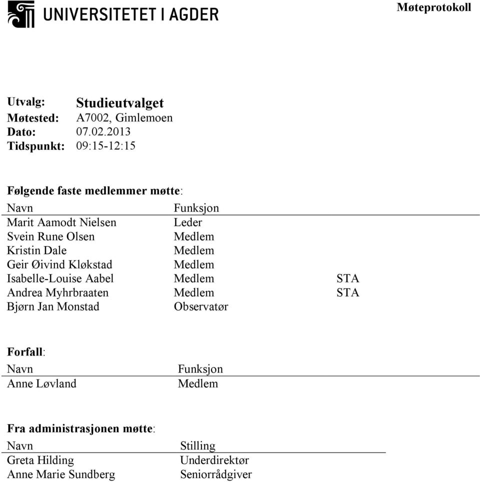 2013 Tidspunkt: 09:15-12:15 Følgende faste medlemmer møtte: Navn Funksjon Marit Aamodt Nielsen Leder Svein Rune Olsen