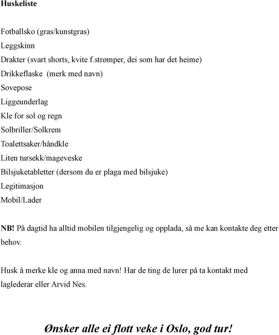 Toalettsaker/håndkle Liten tursekk/mageveske Bilsjuketabletter (dersom du er plaga med bilsjuke) Legitimasjon Mobil/Lader NB!