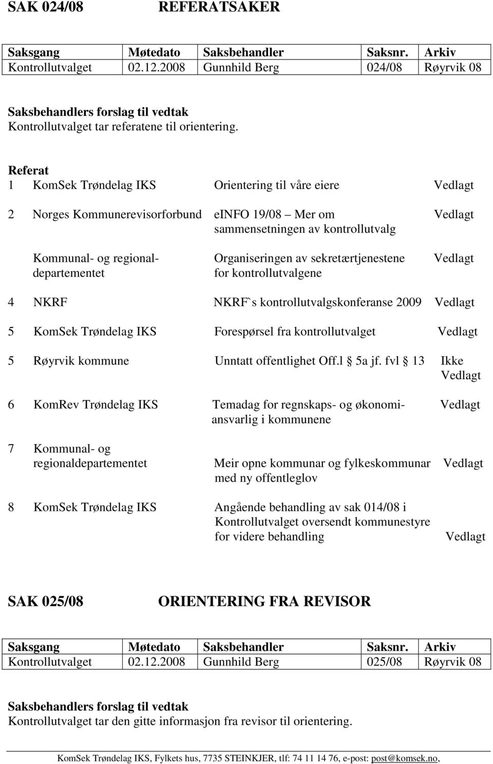 sekretærtjenestene for kontrollutvalgene 4 NKRF NKRF`s kontrollutvalgskonferanse 2009 5 KomSek Trøndelag IKS Forespørsel fra kontrollutvalget 5 Røyrvik kommune Unntatt offentlighet Off.l 5a jf.