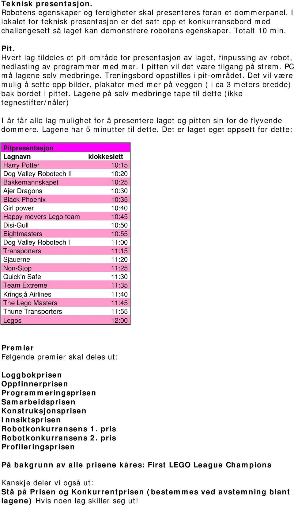 Hvert lag tildeles et pit-område for presentasjon av laget, finpussing av robot, nedlasting av programmer med mer. I pitten vil det være tilgang på strøm. PC må lagene selv medbringe.