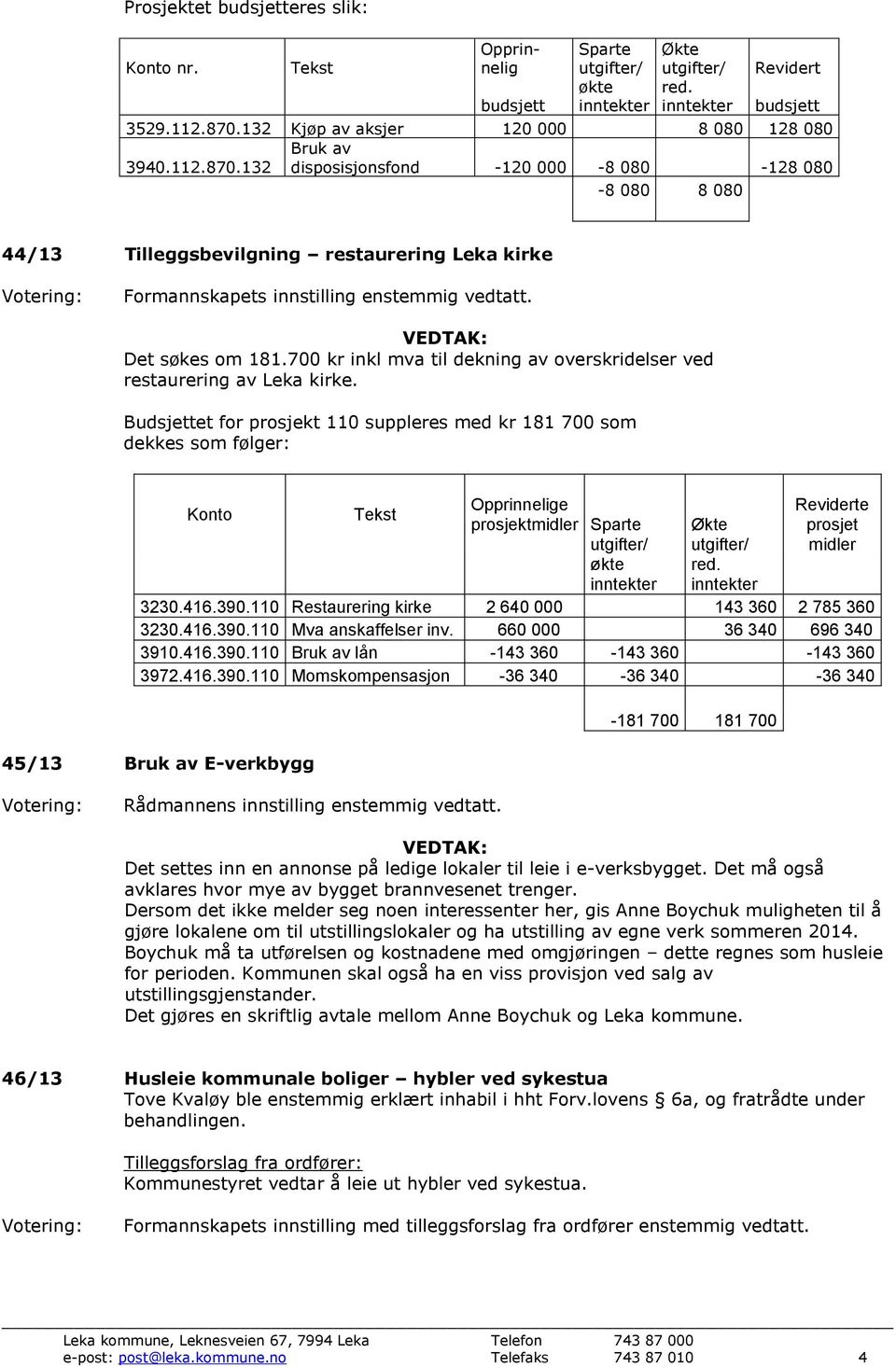 700 kr inkl mva til dekning av overskridelser ved restaurering av Leka kirke.