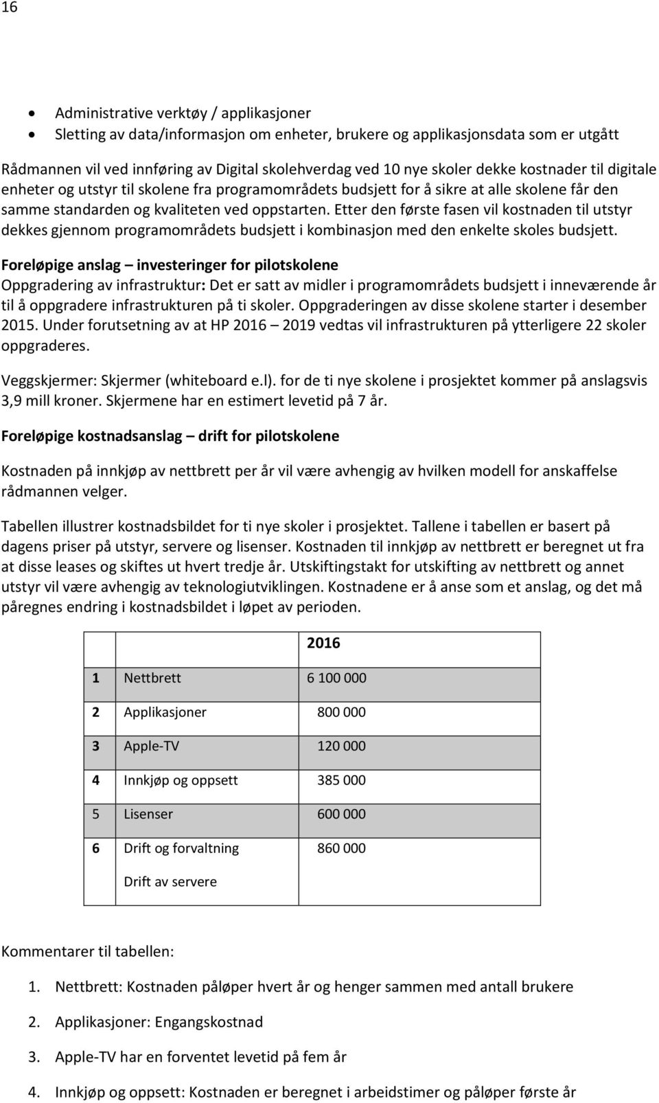 Etter den første fasen vil kostnaden til utstyr dekkes gjennom programområdets budsjett i kombinasjon med den enkelte skoles budsjett.