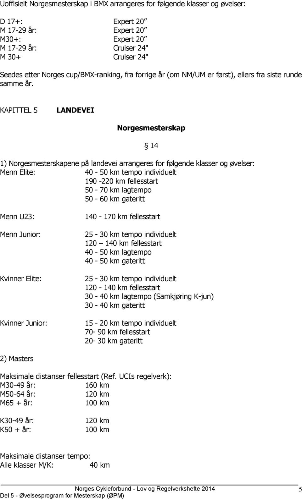 KAPITTEL 5 LANDEVEI Norgesmesterskap 14 1) Norgesmesterskapene på landevei arrangeres for følgende klasser og øvelser: Menn Elite: 40-50 km tempo individuelt 190-220 km fellesstart 50-70 km lagtempo