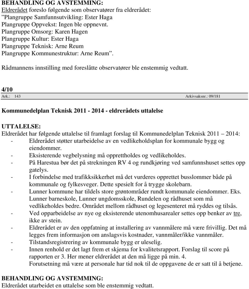 Rådmannens innstilling med foreslåtte observatører ble enstemmig vedtatt. 4/10 Ark.: 143 Arkivsaksnr.