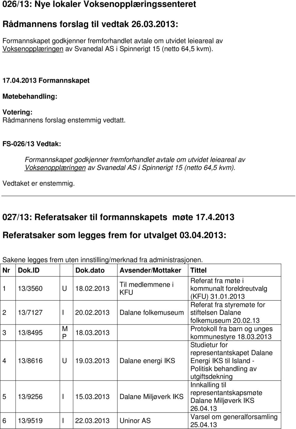 FS-026/13 Vedtak: Formannskapet godkjenner fremforhandlet avtale om utvidet leieareal av Voksenopplæringen av Svanedal AS i Spinnerigt 15 (netto 64,5 kvm).
