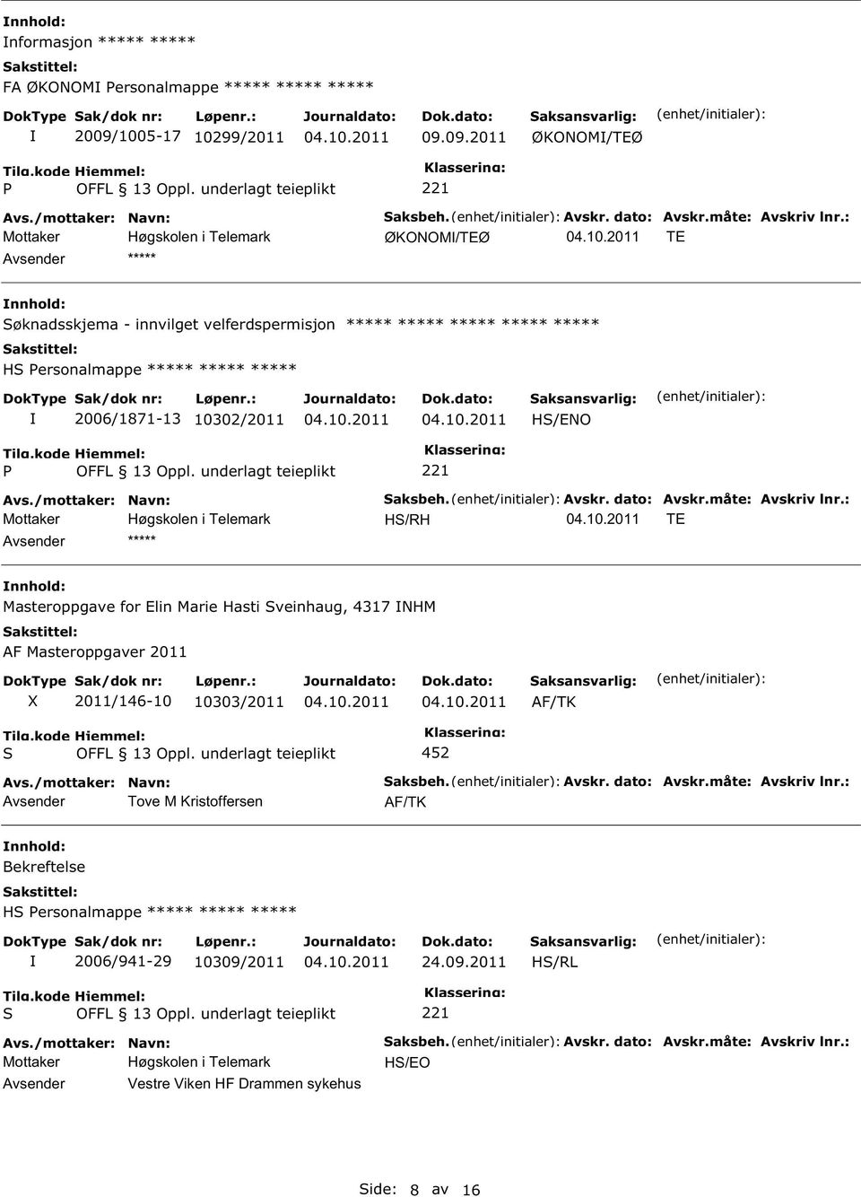 dato: Avskr.måte: Avskriv lnr.: H/RH TE ***** Masteroppgave for Elin Marie Hasti veinhaug, 4317 NHM AF Masteroppgaver 2011 2011/146-10 10303/2011 AF/TK Tove M Kristoffersen 4 aksbeh.