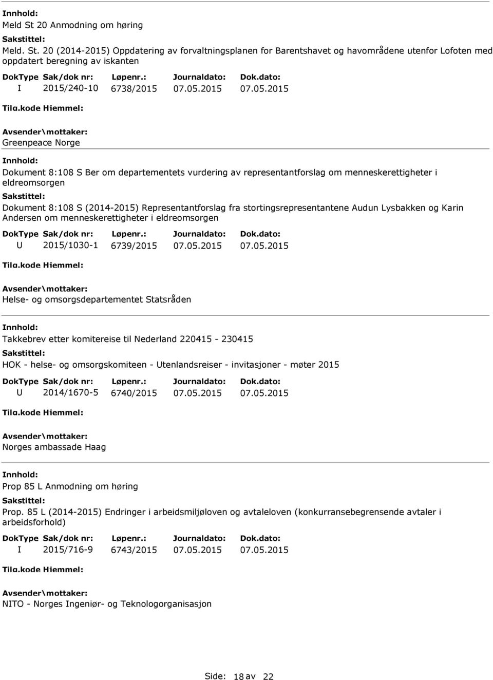20 (2014-2015) Oppdatering av forvaltningsplanen for Barentshavet og havområdene utenfor Lofoten med oppdatert beregning av iskanten 2015/240-10 6738/2015 Greenpeace Norge Dokument 8:108 S Ber om