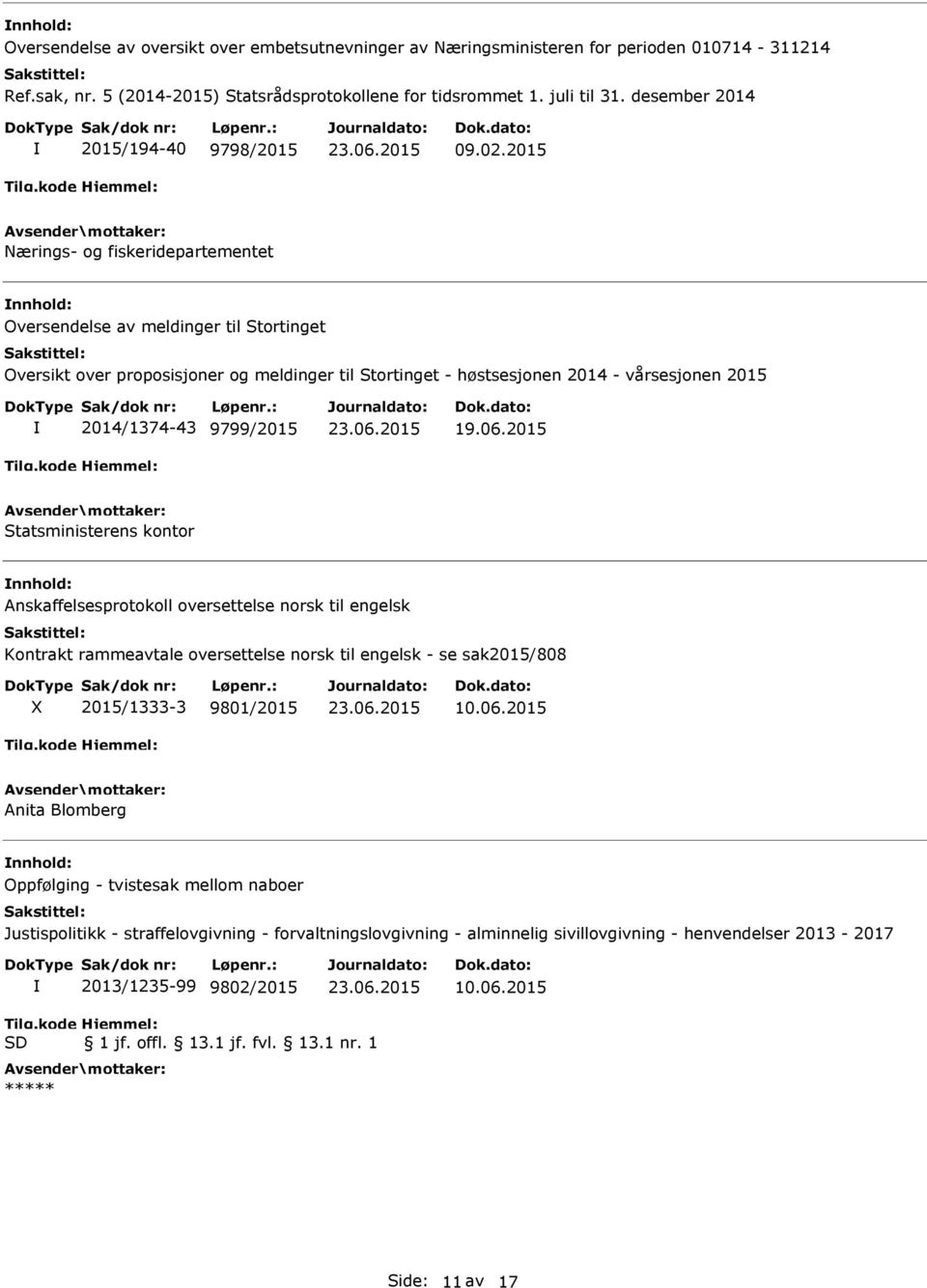 2014/1374-43 9799/2015 Statsministerens kontor Anskaffelsesprotokoll oversettelse norsk til engelsk Kontrakt rammeavtale oversettelse norsk til engelsk - se sak2015/808 X