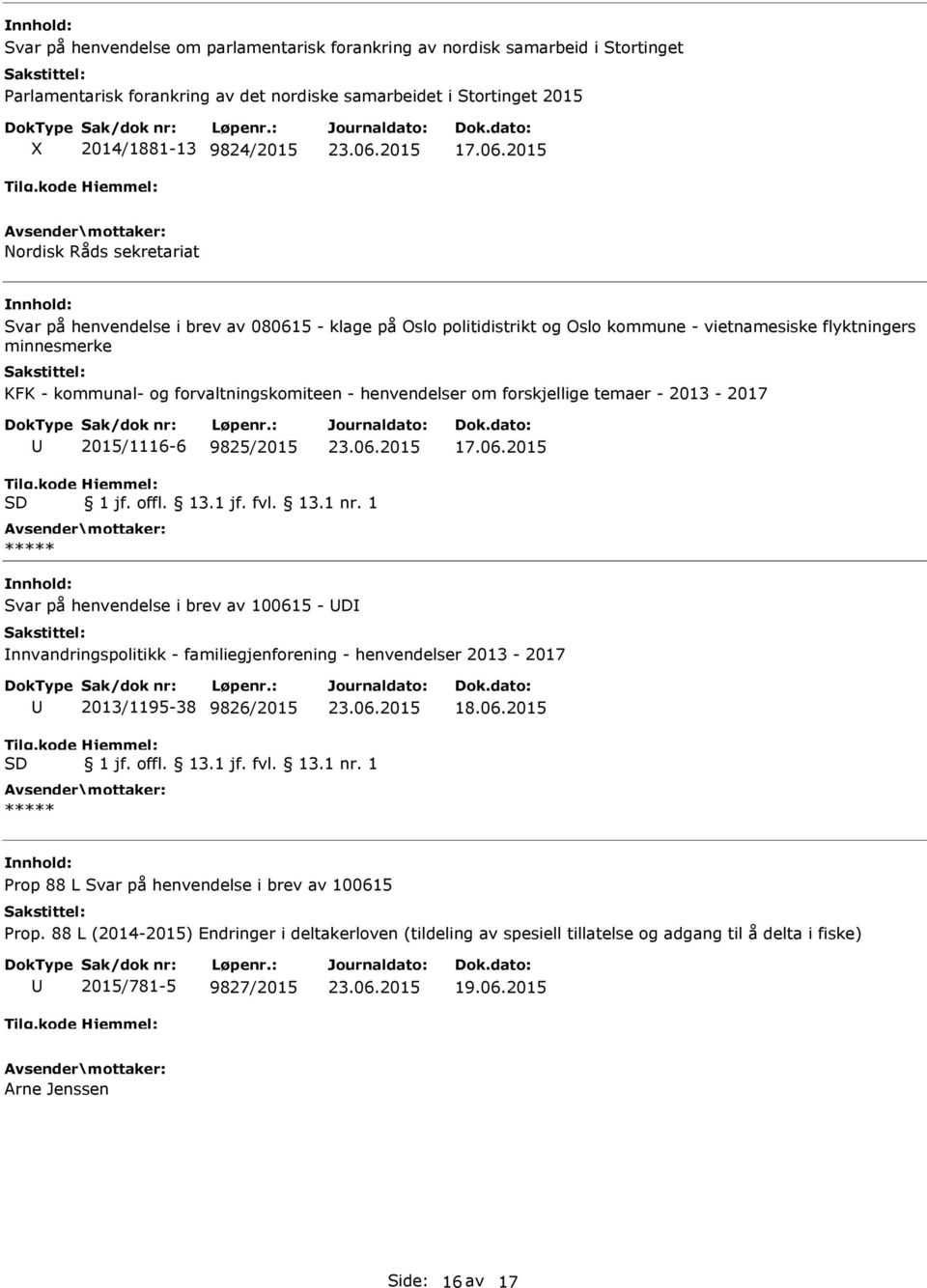 henvendelser om forskjellige temaer - 2013-2017 2015/1116-6 9825/2015 17.06.