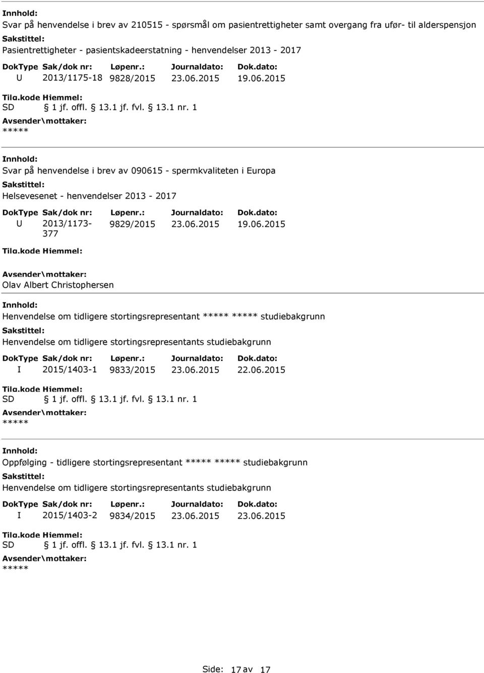 : 9829/2015 Olav Albert Christophersen Henvendelse om tidligere stortingsrepresentant studiebakgrunn Henvendelse om tidligere stortingsrepresentants studiebakgrunn I