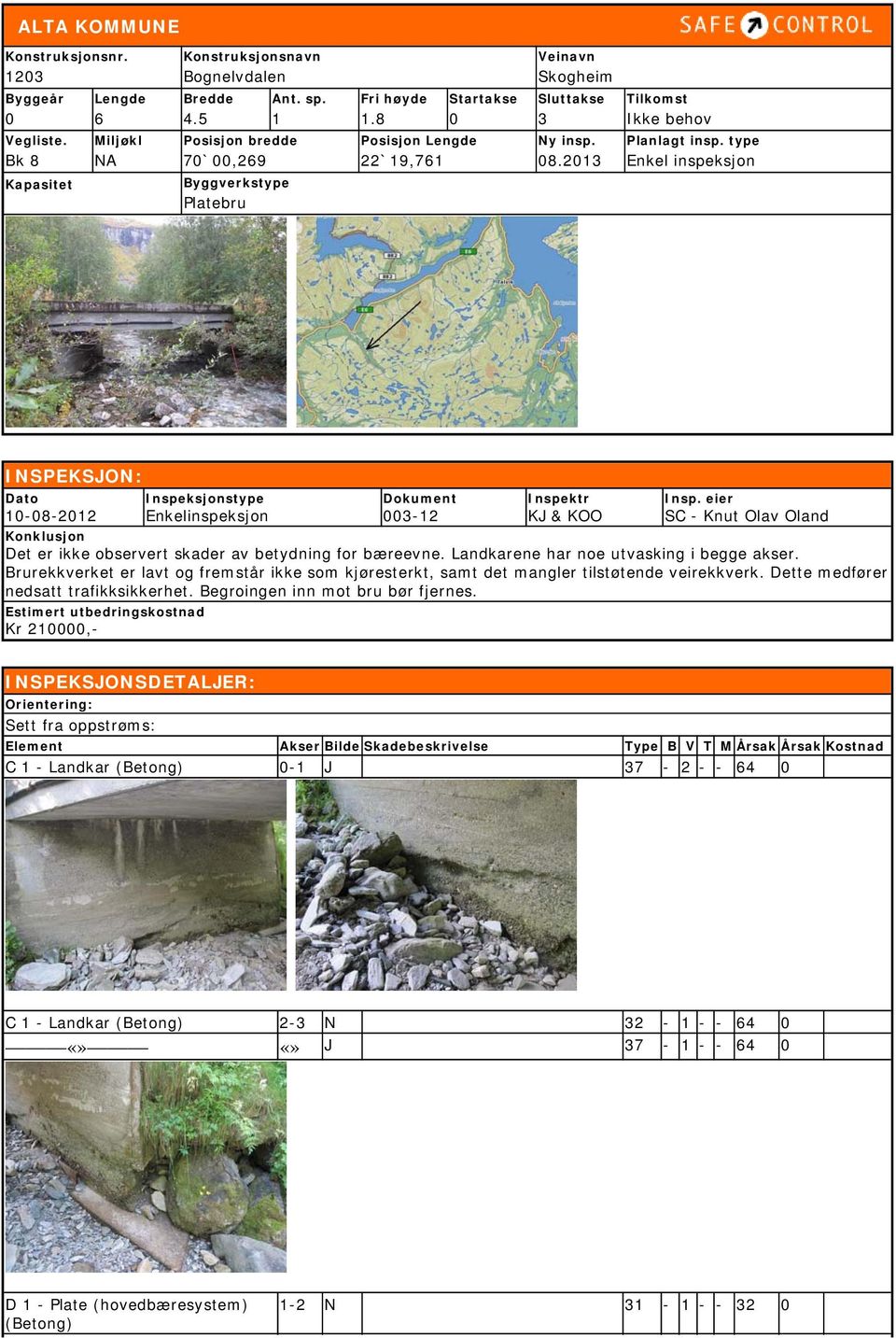 type Enkel inspeksjon Kapasitet Byggverkstype Platebru INSPEKSJON: Dato 1-8-212 Inspeksjonstype Enkelinspeksjon Dokument 3-12 Inspektr KJ & KOO Insp.