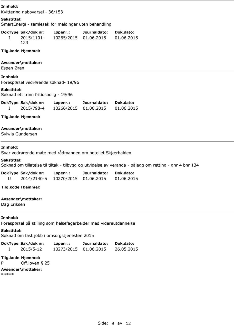 om tillatelse til tiltak - tilbygg og utvidelse av veranda - pålegg om retting - gnr 4 bnr 134 2014/2140-5 10270/2015 Dag Eriksen nnhold: Forespørsel på stilling