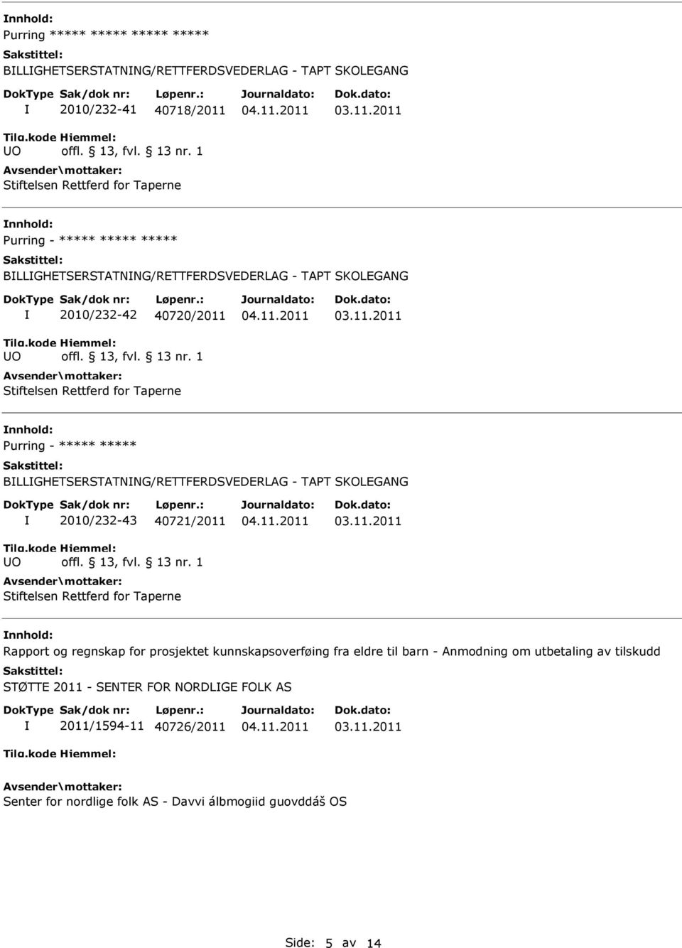 1 Stiftelsen Rettferd for Taperne nnhold: Purring - BLLGHETSERSTATNNG/RETTFERDSVEDERLAG - TAPT SKOLEGANG O 2010/232-43 40721/2011 offl. 13, fvl. 13 nr.