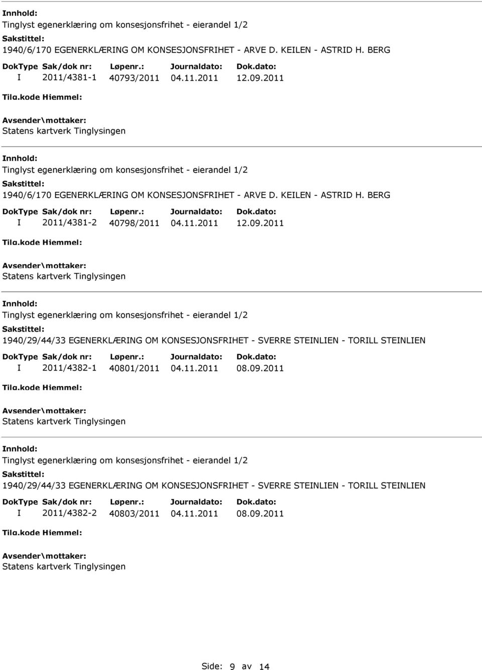2011 nnhold: 1940/29/44/33 EGENERKLÆRNG OM KONSESJONSFRHET - SVERRE STENLEN - TORLL STENLEN 2011/4382-1 40801/2011 08.09.
