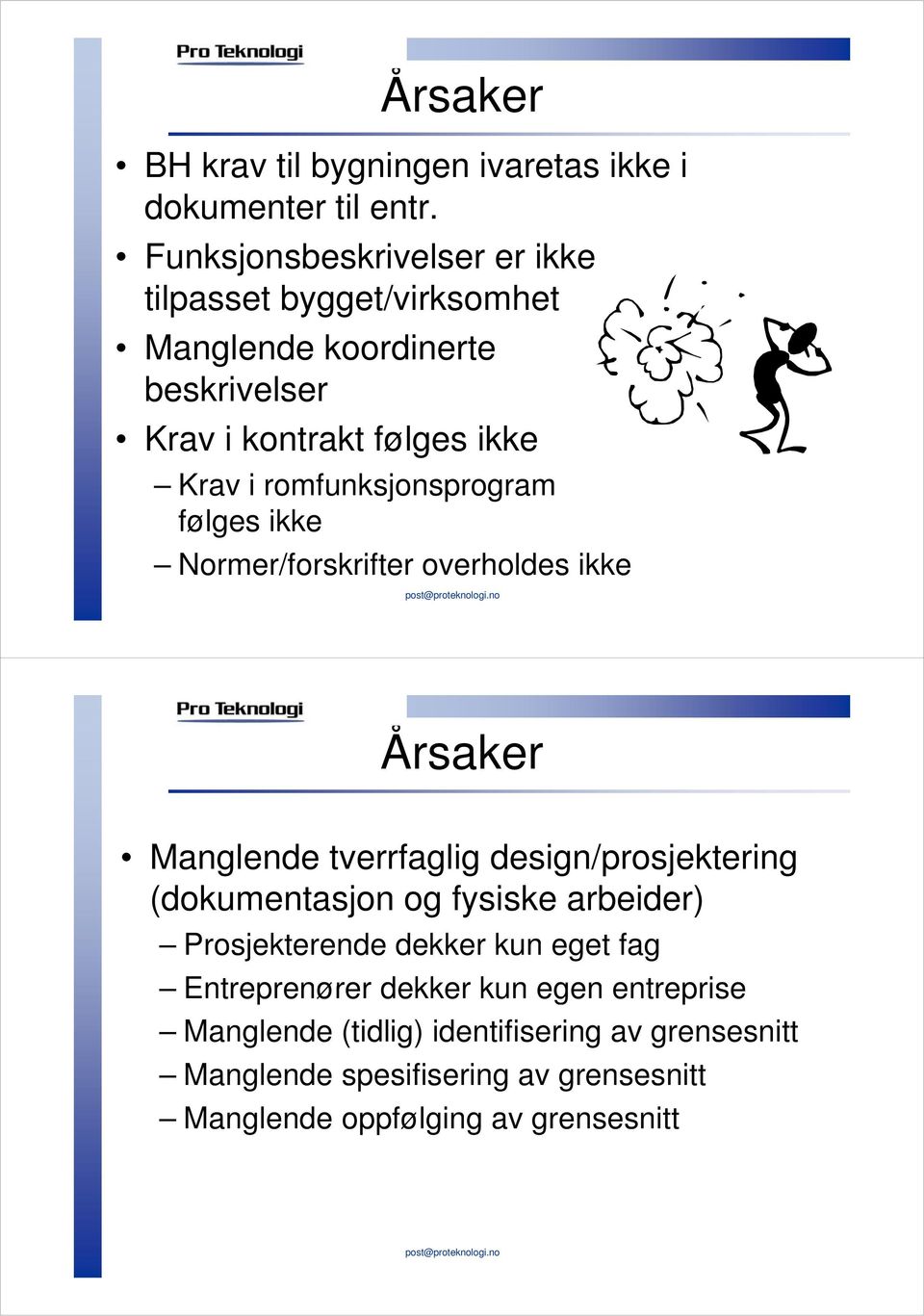 romfunksjonsprogram følges ikke Normer/forskrifter overholdes ikke Årsaker Manglende tverrfaglig design/prosjektering (dokumentasjon og