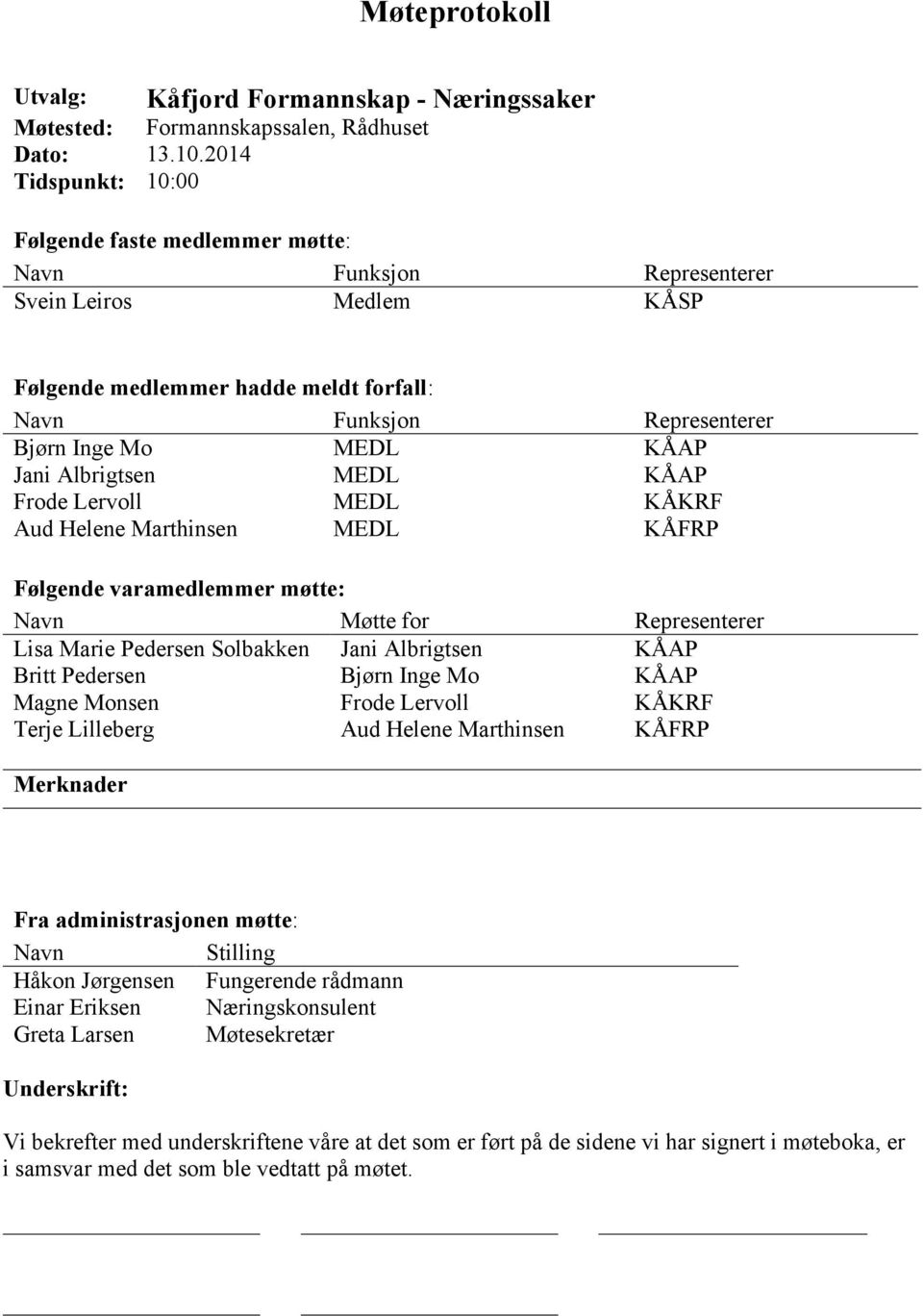 Jani Albrigtsen MEDL KÅAP Frode Lervoll MEDL KÅKRF Aud Helene Marthinsen MEDL KÅFRP Følgende varamedlemmer møtte: Navn Møtte for Representerer Lisa Marie Pedersen Solbakken Jani Albrigtsen KÅAP Britt