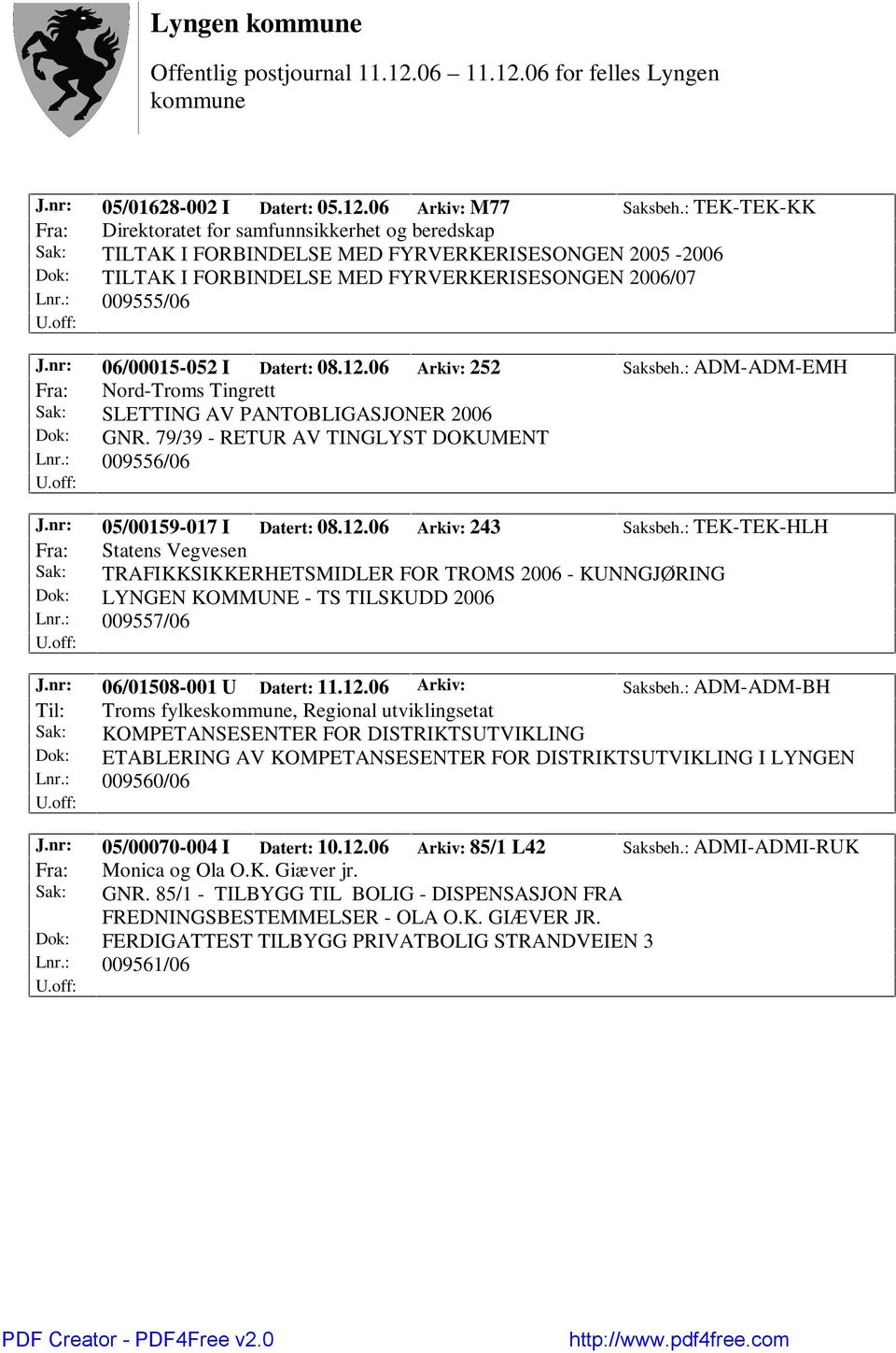 nr: 06/00015-052 I Datert: 08.12.06 Arkiv: 252 Saksbeh.: ADM-ADM-EMH Fra: Nord-Troms Tingrett Sak: SLETTING AV PANTOBLIGASJONER 2006 Dok: GNR. 79/39 - RETUR AV TINGLYST DOKUMENT Lnr.: 009556/06 J.