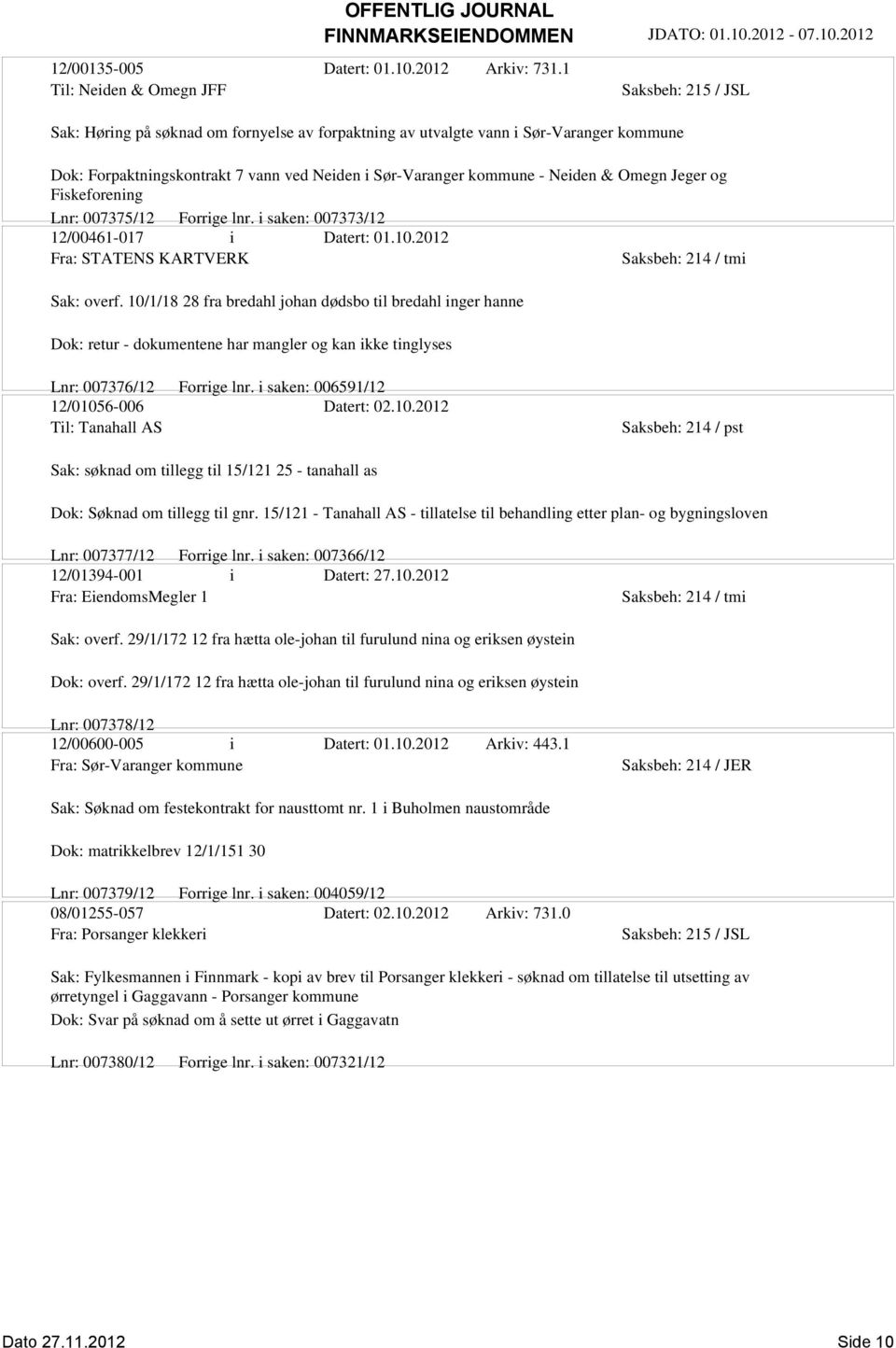 kommune - Neiden & Omegn Jeger og Fiskeforening Lnr: 007375/12 Forrige lnr. i saken: 007373/12 12/00461-017 i Datert: 01.10.2012 Fra: STATENS KARTVERK Sak: overf.