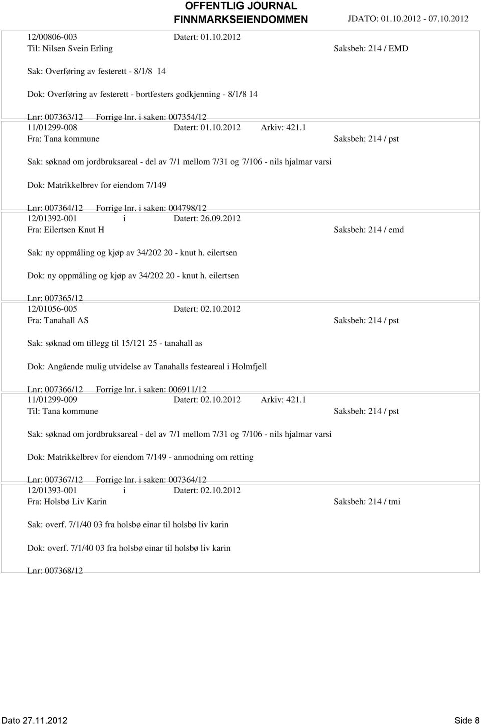 1 Fra: Tana kommune Sak: søknad om jordbruksareal - del av 7/1 mellom 7/31 og 7/106 - nils hjalmar varsi Dok: Matrikkelbrev for eiendom 7/149 Lnr: 007364/12 Forrige lnr.