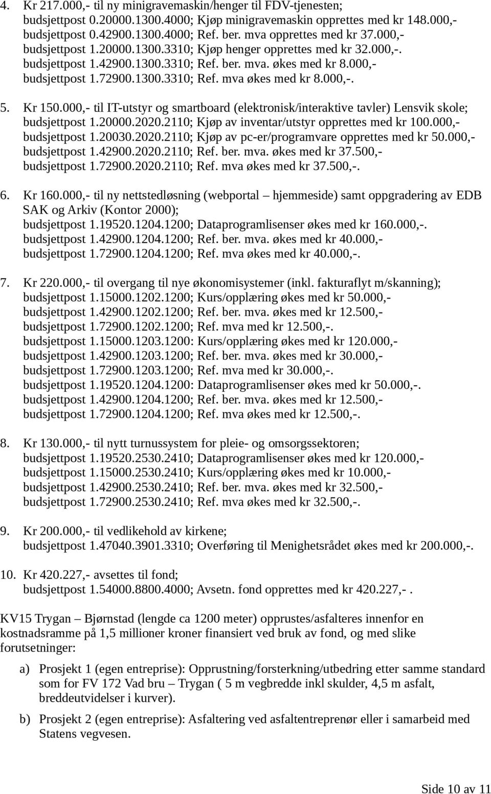 000,-. 5. Kr 150.000,- til IT-utstyr og smartboard (elektronisk/interaktive tavler) Lensvik skole; budsjettpost 1.20000.2020.2110; Kjøp av inventar/utstyr opprettes med kr 100.000,- budsjettpost 1.