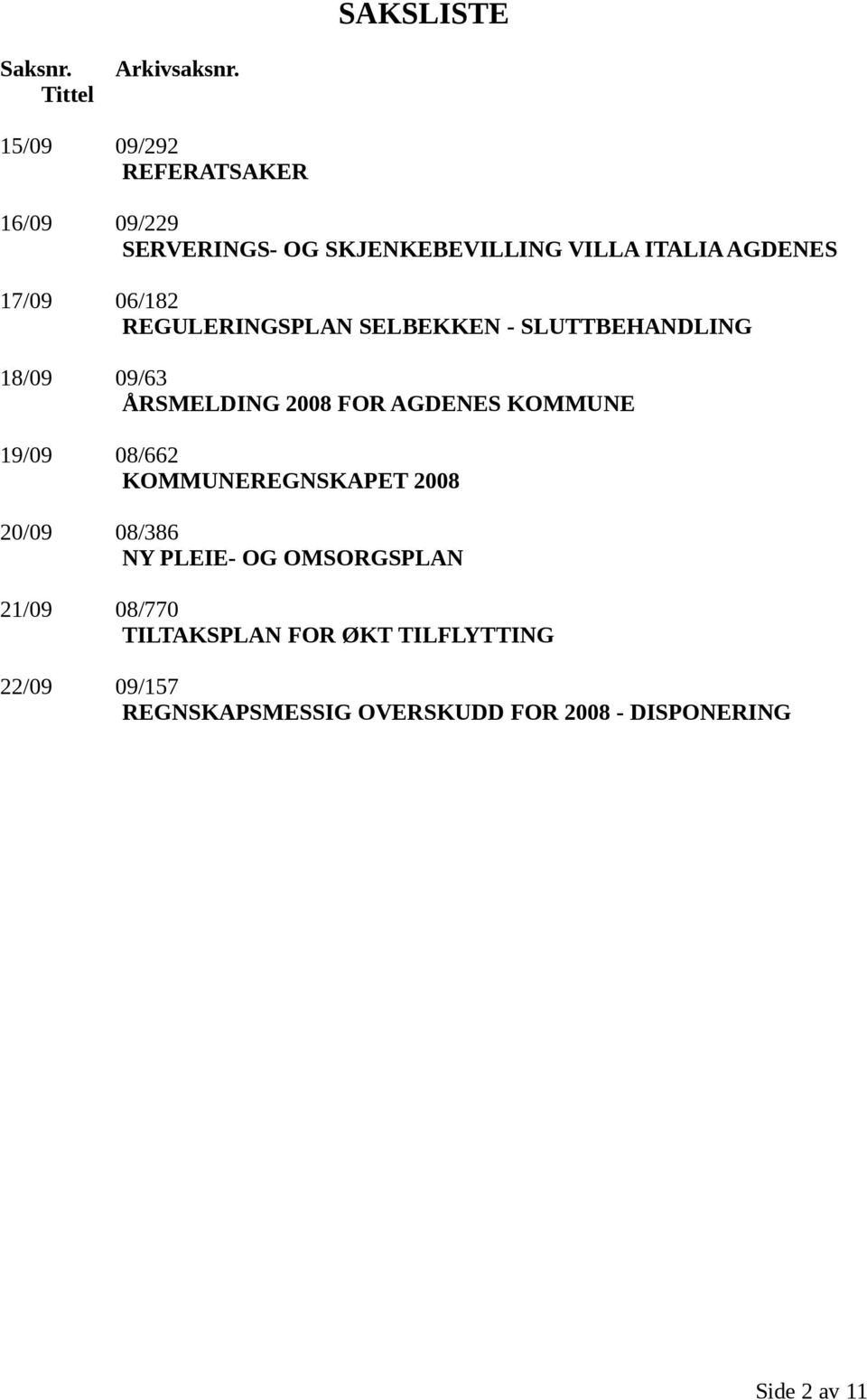 REGULERINGSPLAN SELBEKKEN - SLUTTBEHANDLING 18/09 09/63 ÅRSMELDING 2008 FOR AGDENES KOMMUNE 19/09 08/662