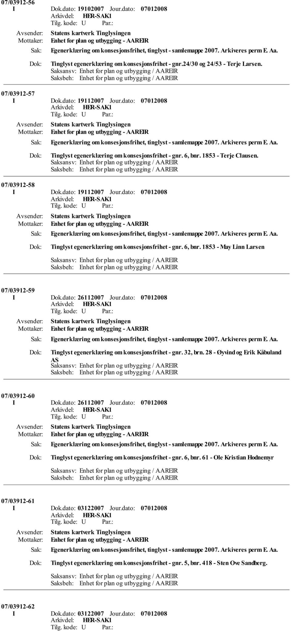 dato: 26112007 Jour.dato: Tinglyst egenerklæring om konsesjonsfrihet - gnr. 32, brn. 28 - Øyvind og Erik Kåbuland AS 07/03912-60 I Dok.dato: 26112007 Jour.dato: Tinglyst egenerklæring om konsesjonsfrihet - gnr. 6, bnr.